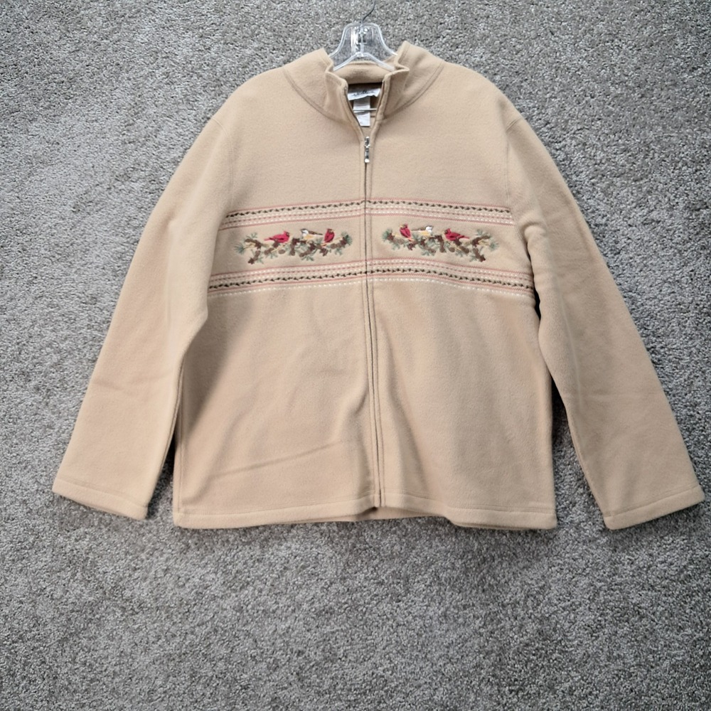 Metropolitan Womens XL Tan Fleece Full Zip Jacket Embroidered Cardinal Bird 6704